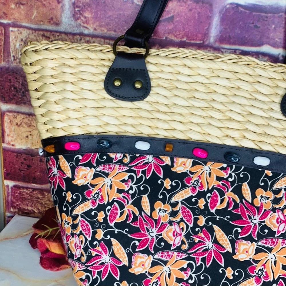 Woven Rattan and Canvas Beaded Floral Market Tote